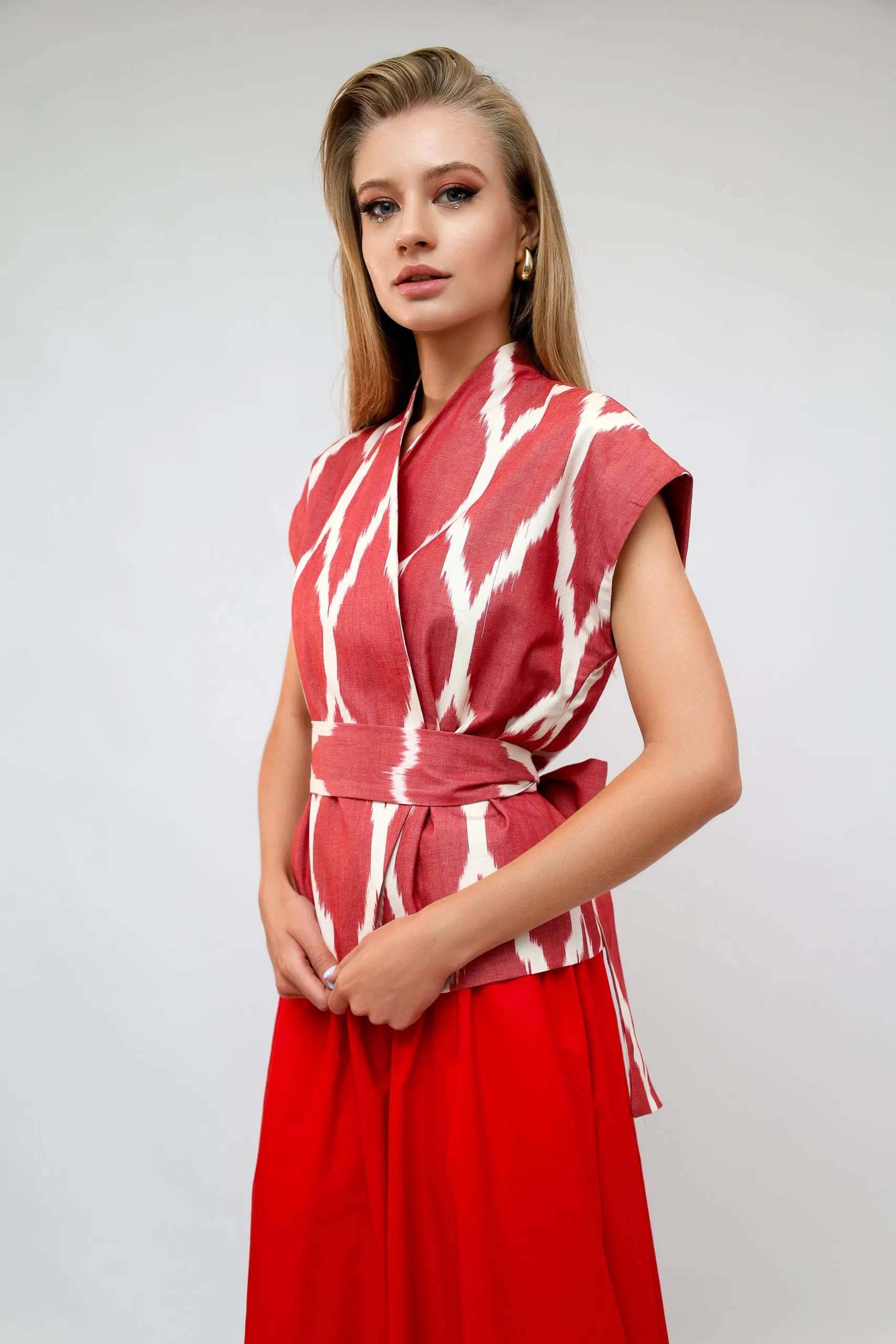 100% Cotton Red Ikat Blouse With Belt
