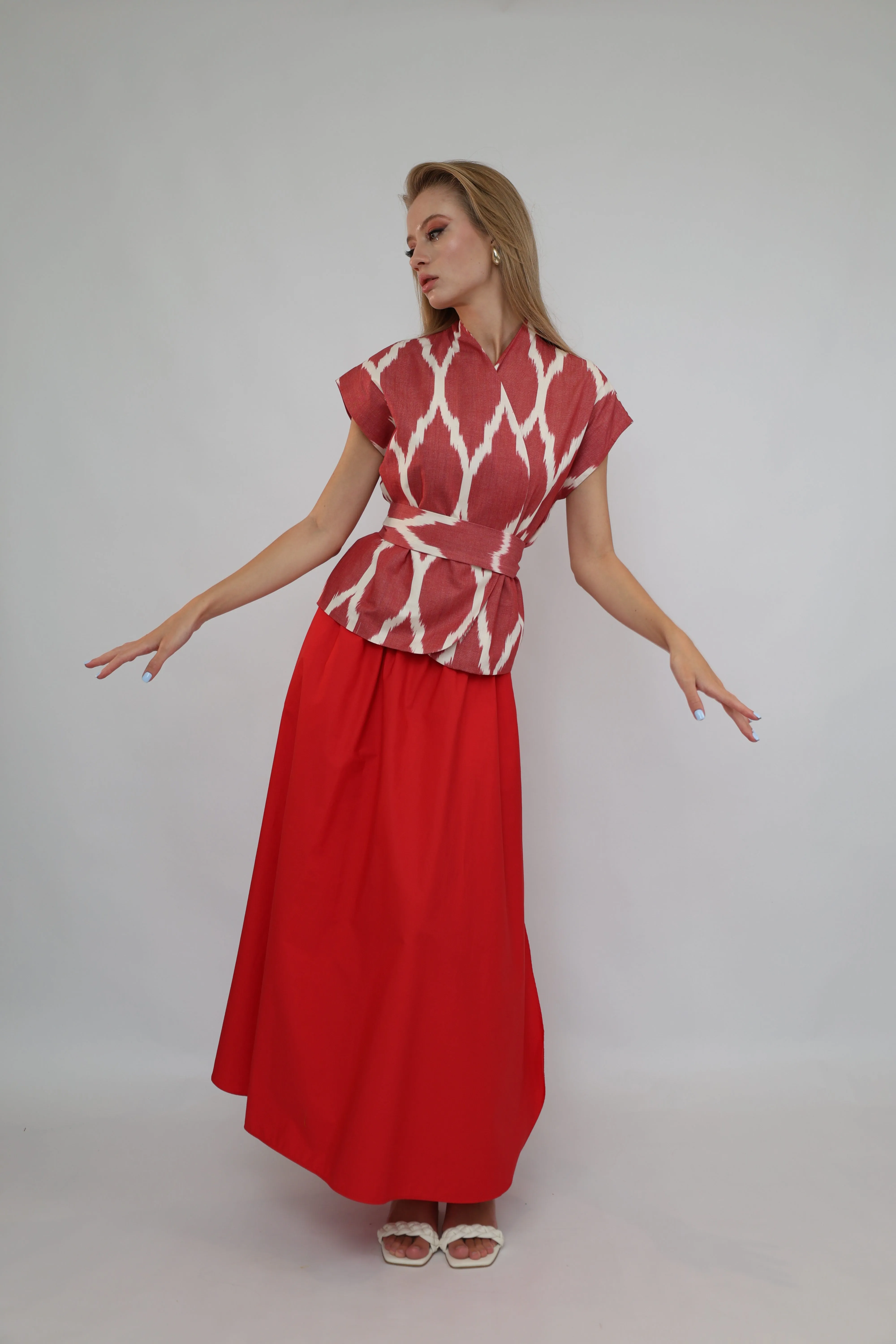 100% Cotton Red Ikat Blouse With Belt