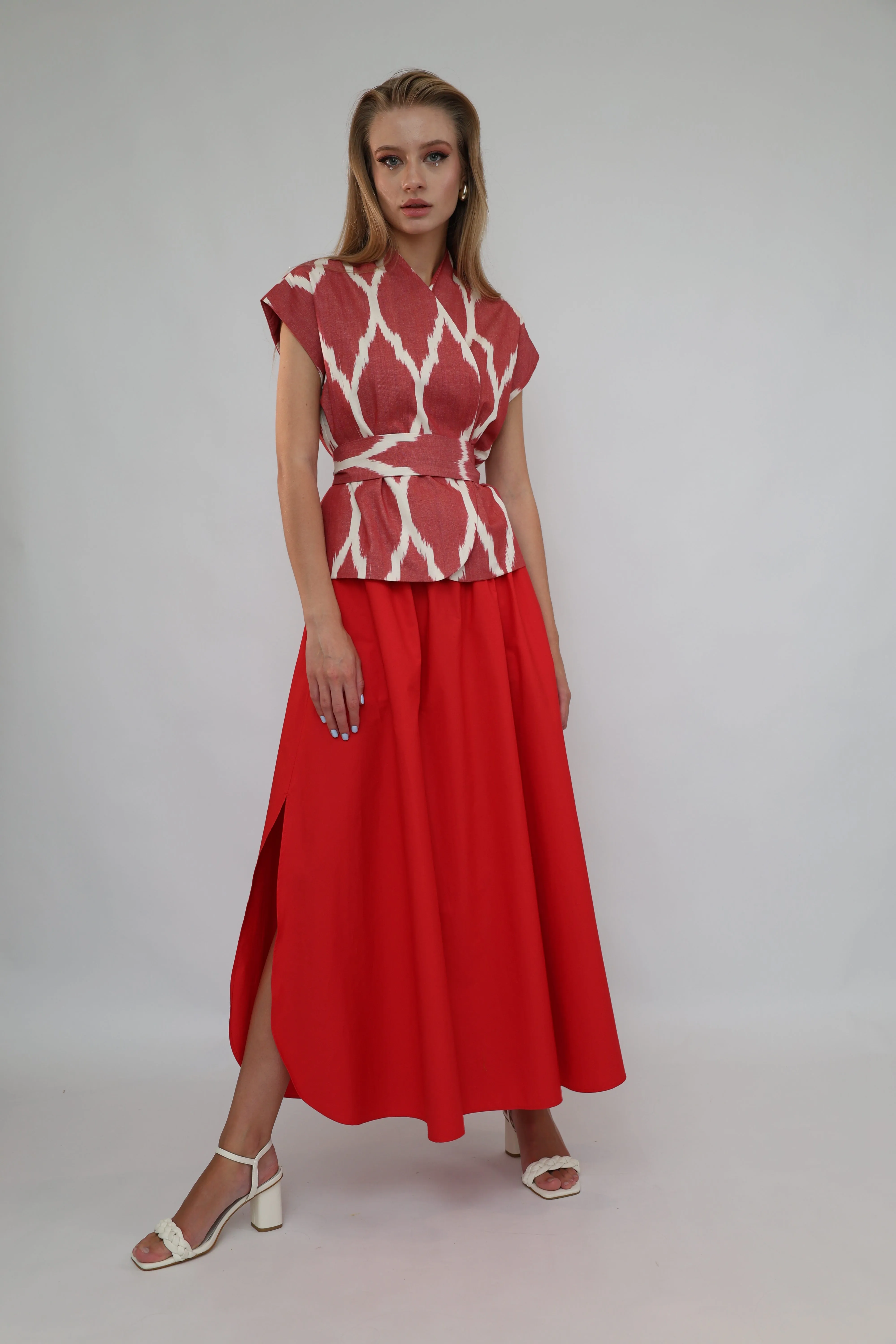 100% Cotton Red Ikat Blouse With Belt