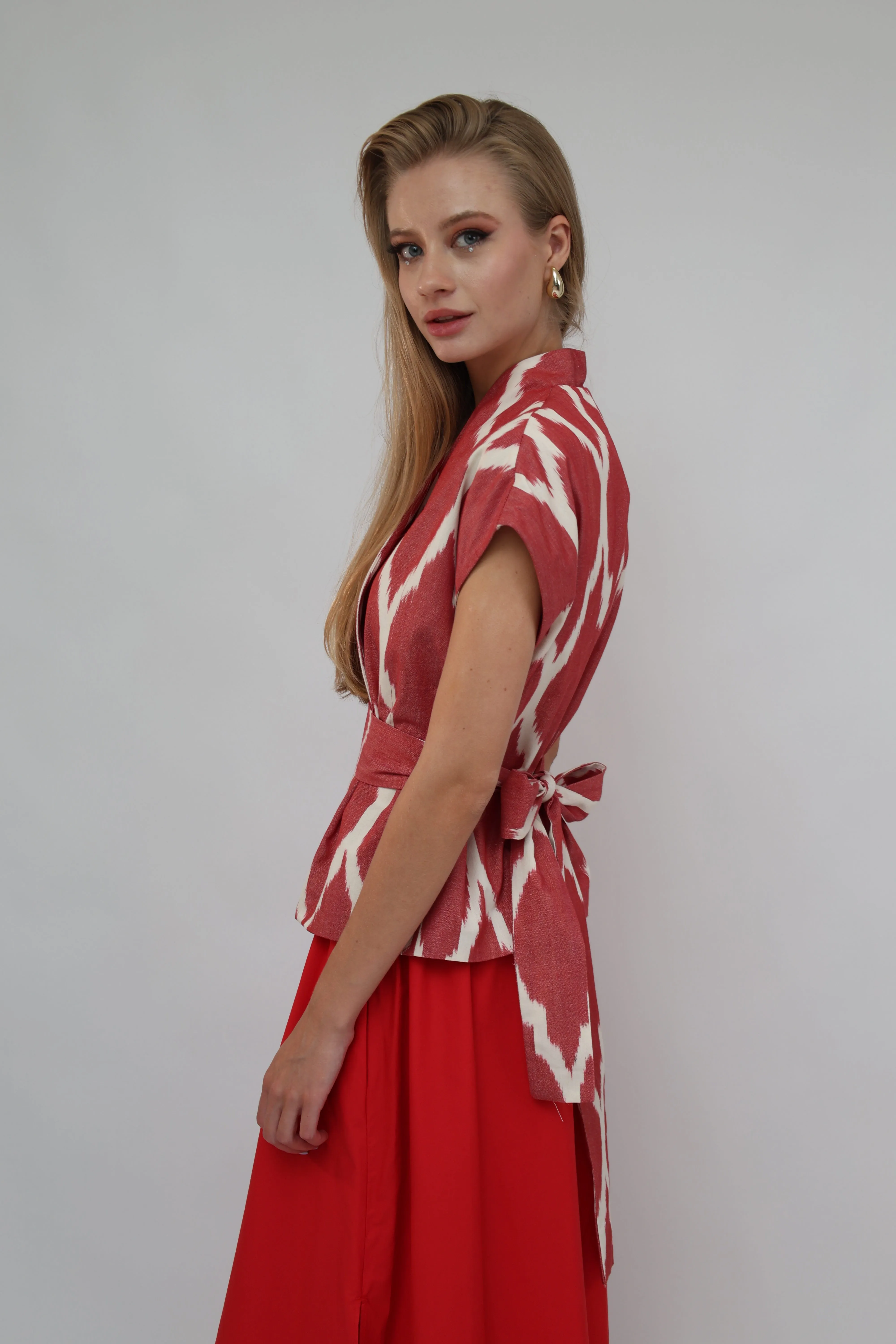 100% Cotton Red Ikat Blouse With Belt