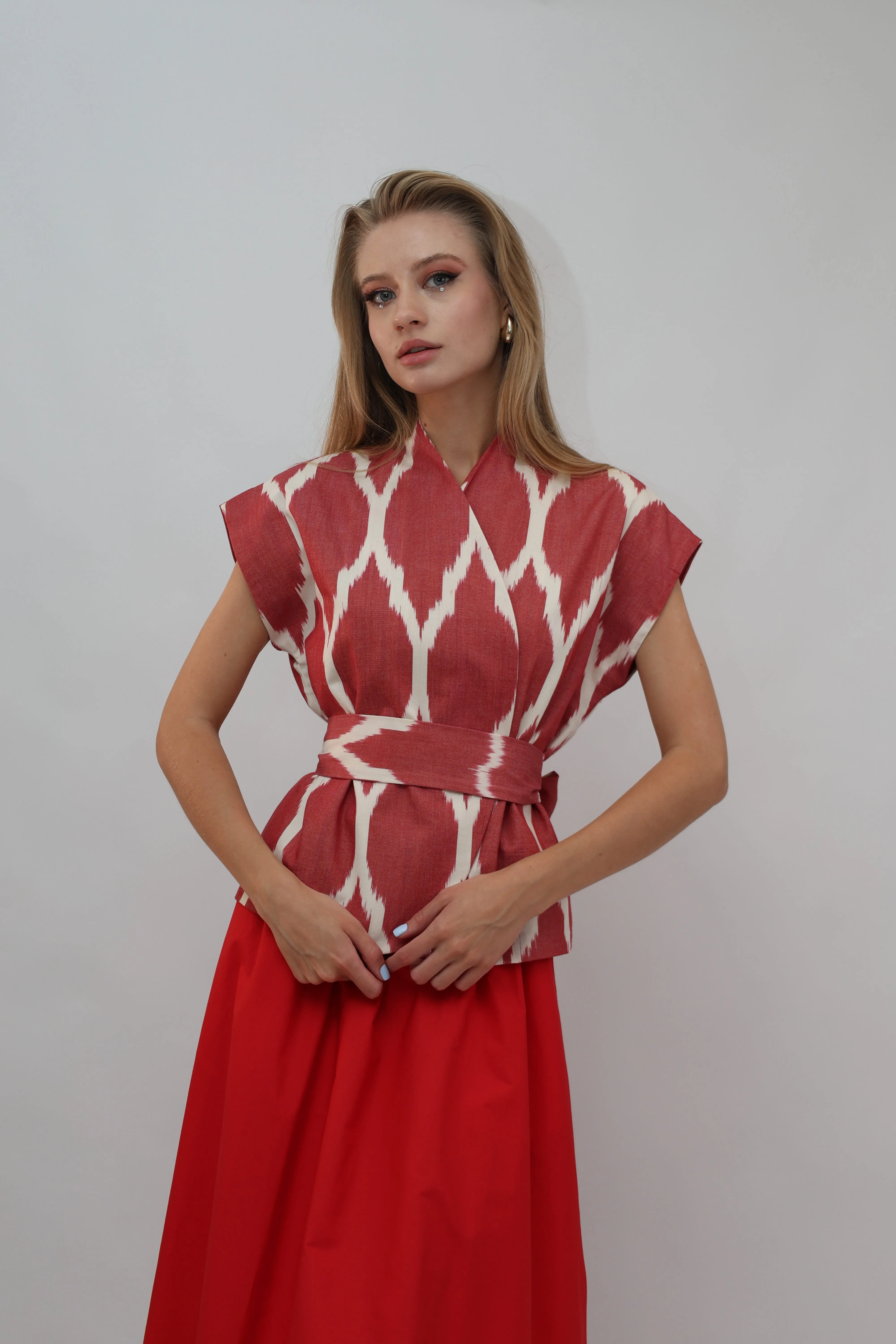 100% Cotton Red Ikat Blouse With Belt
