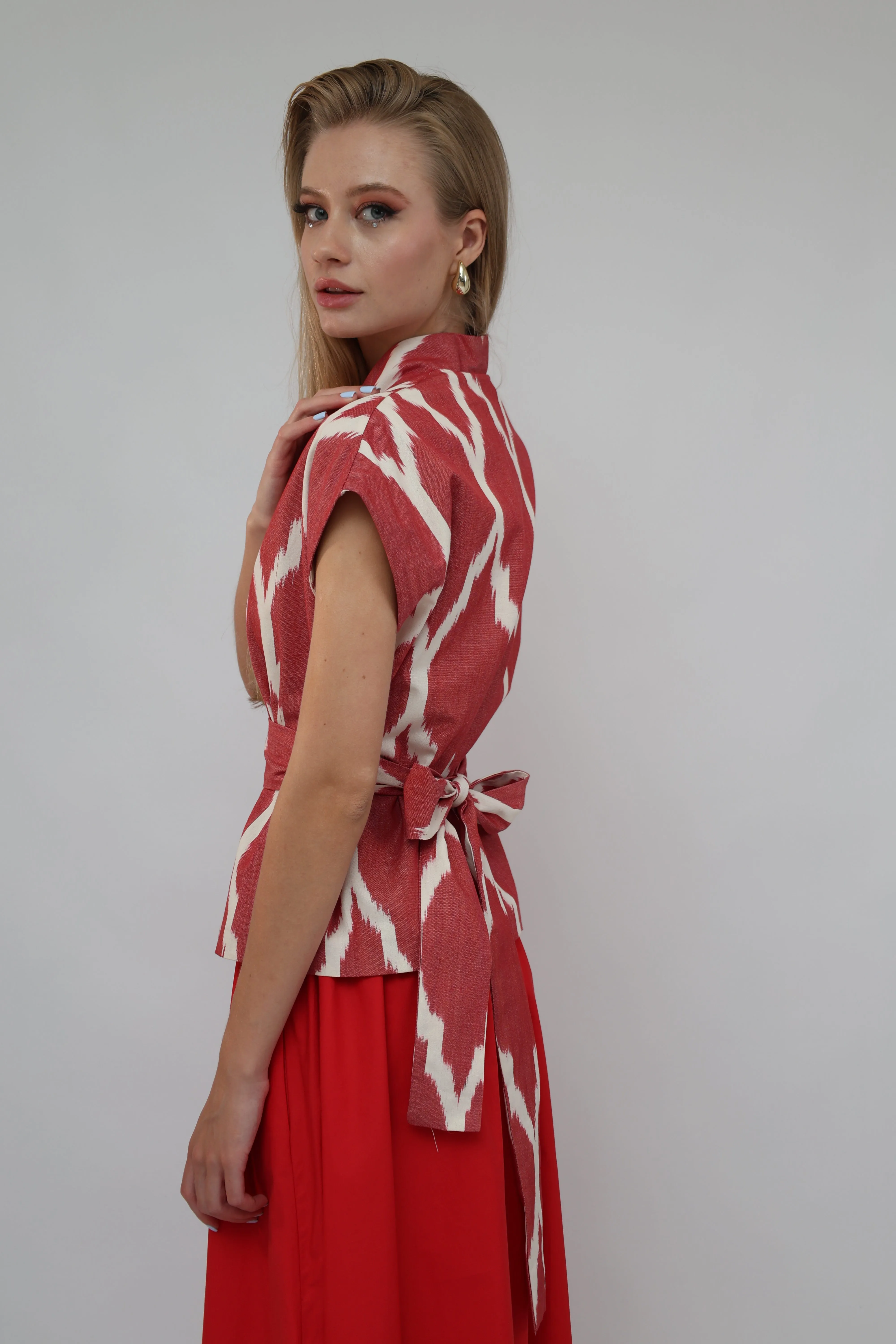 100% Cotton Red Ikat Blouse With Belt