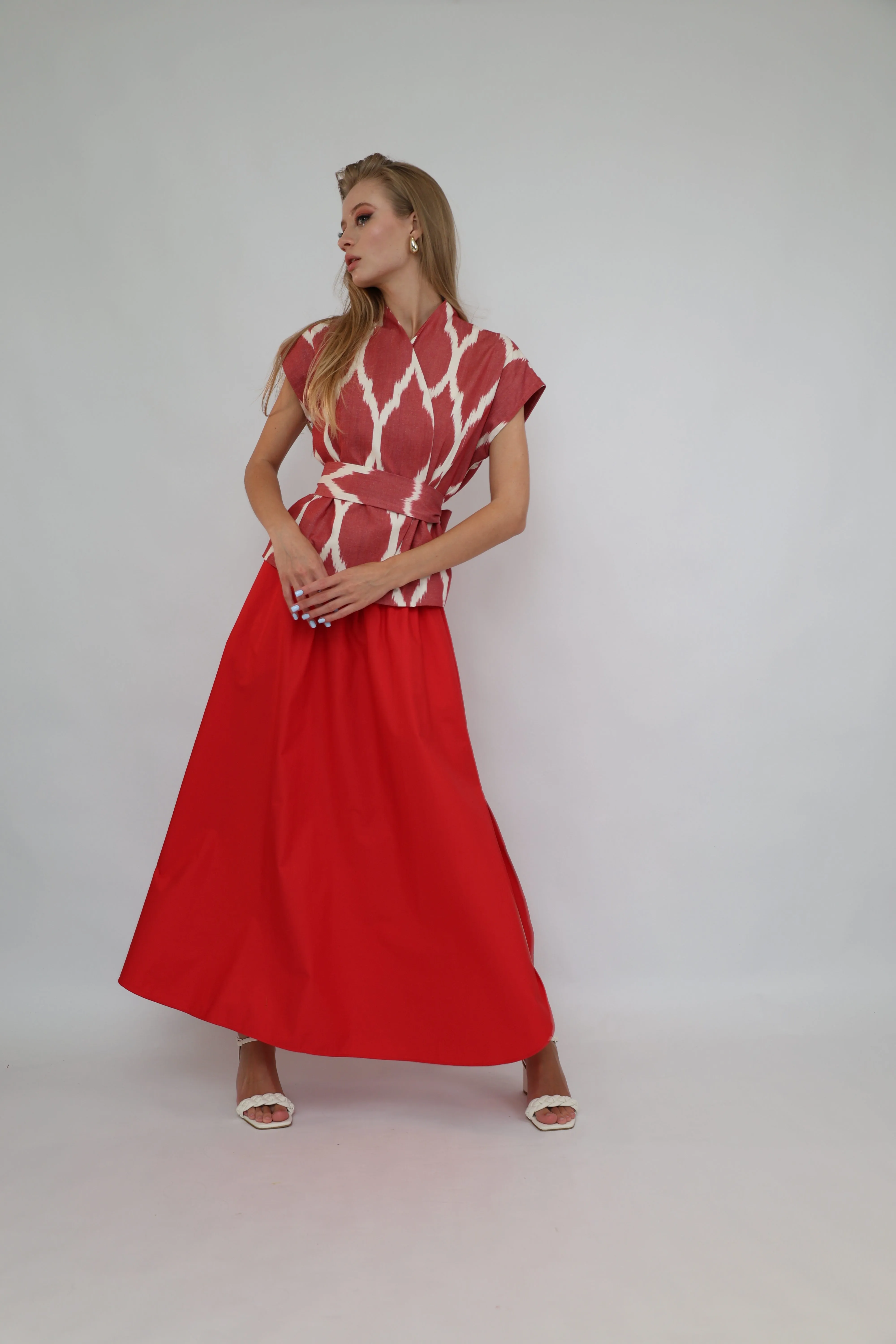 100% Cotton Red Ikat Blouse With Belt