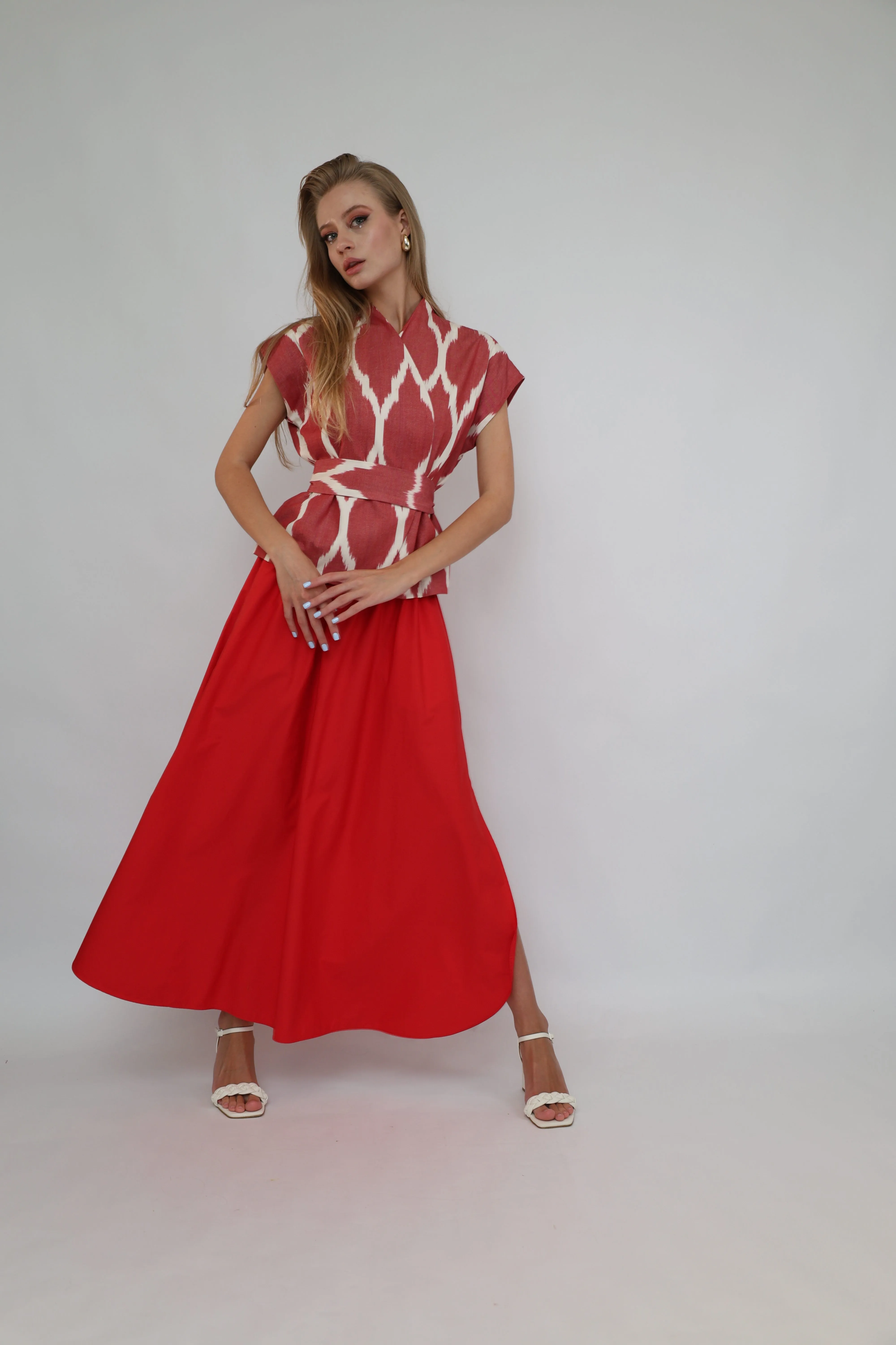 100% Cotton Red Ikat Blouse With Belt