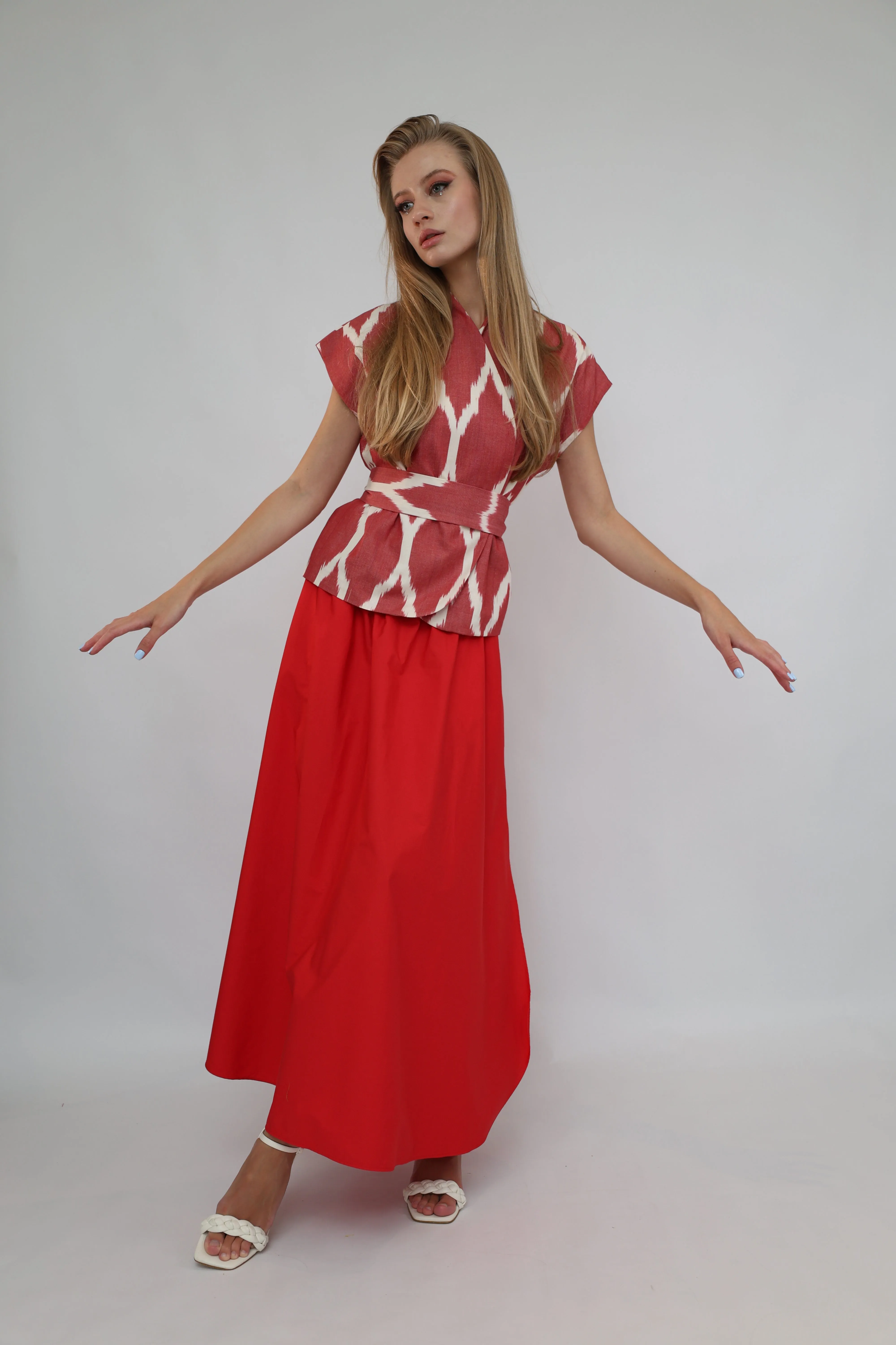 100% Cotton Red Ikat Blouse With Belt