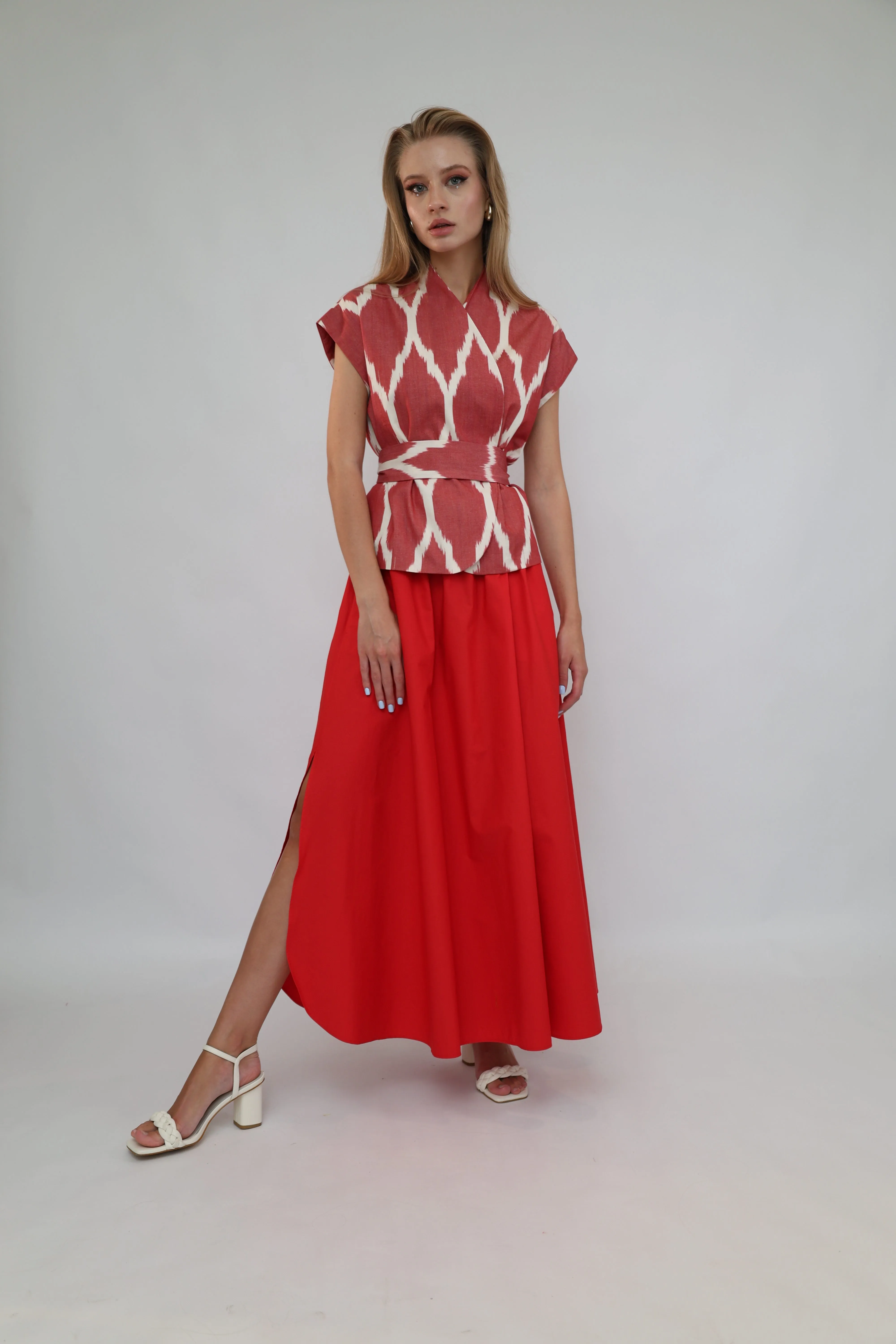 100% Cotton Red Ikat Blouse With Belt
