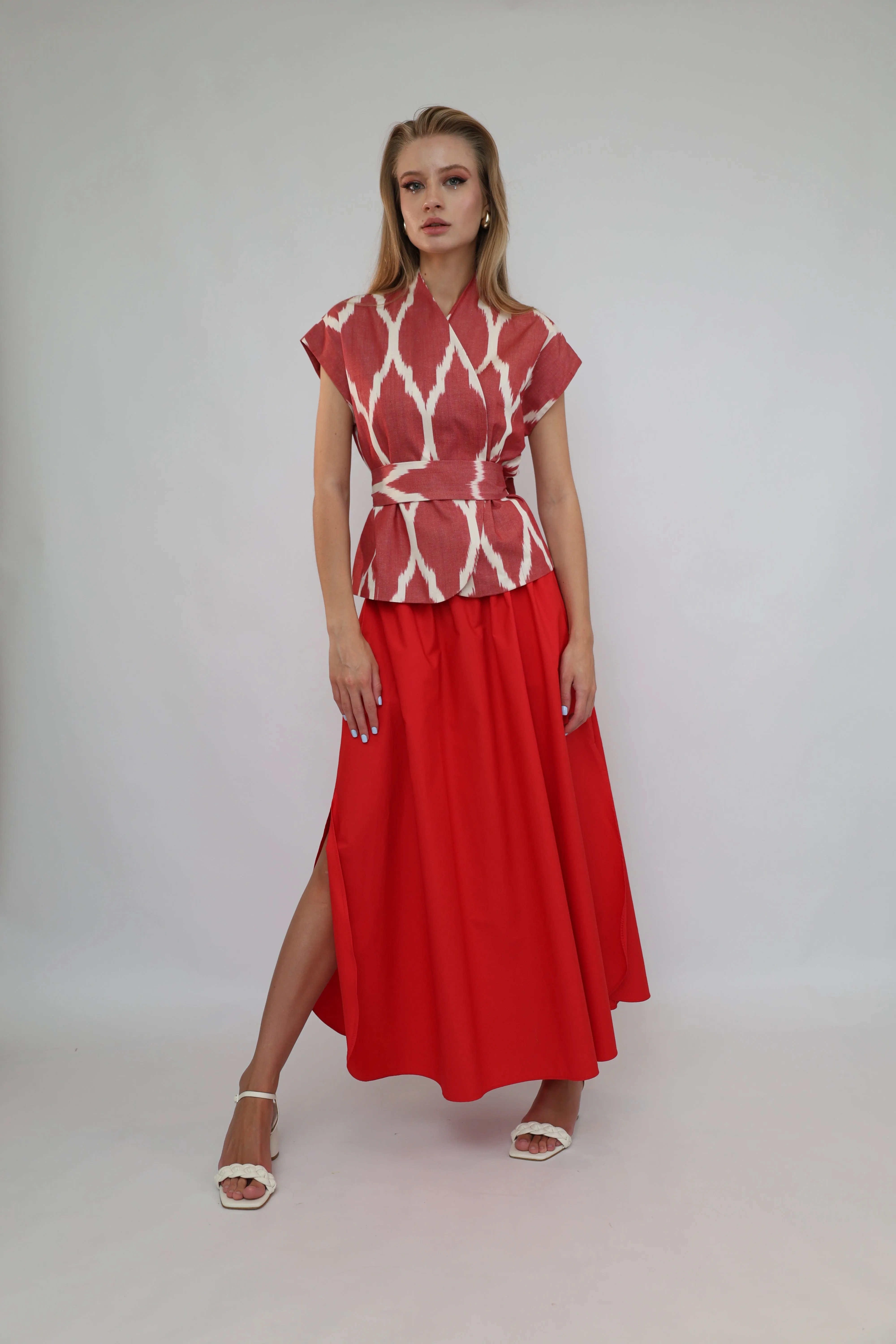 100% Cotton Red Ikat Blouse With Belt