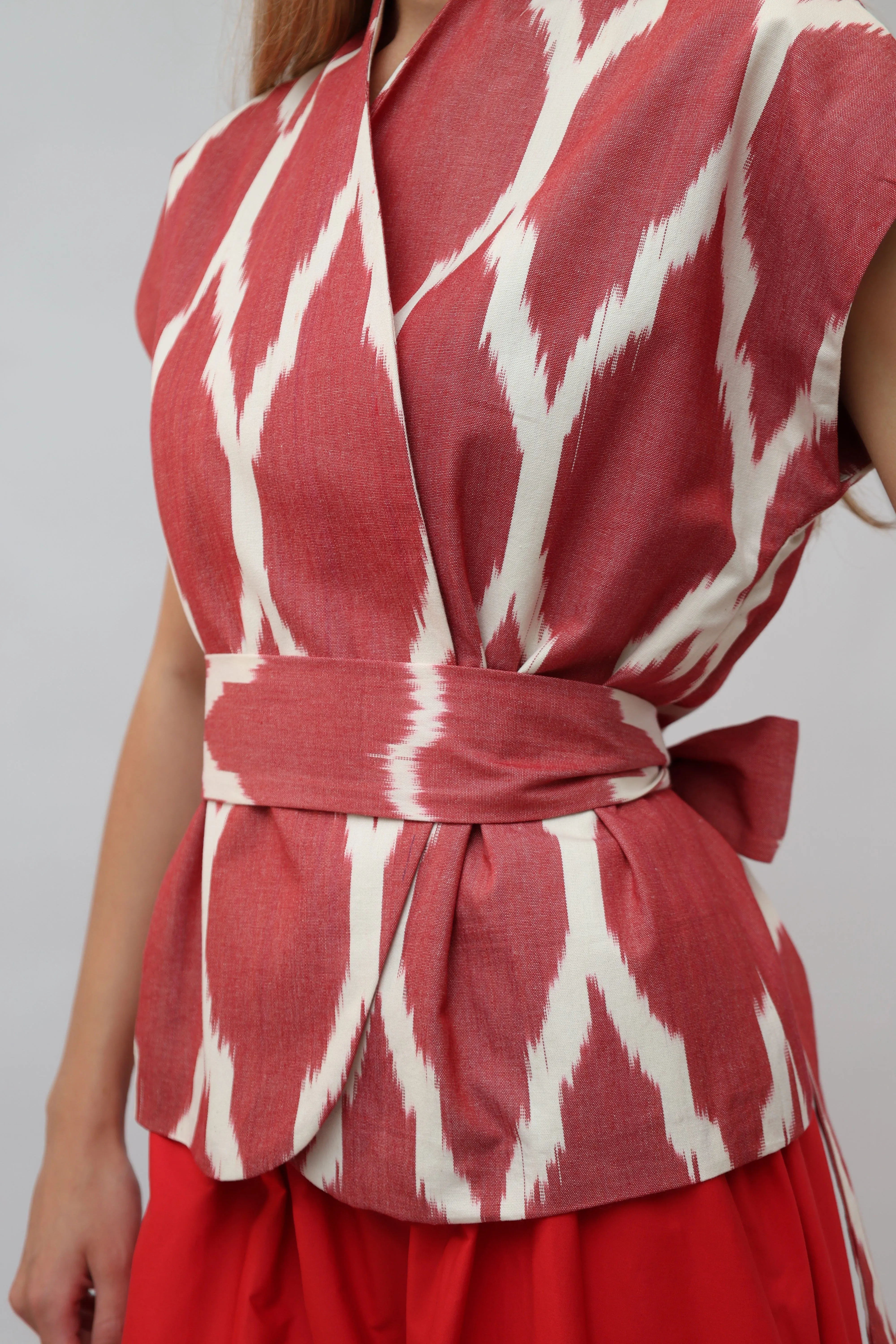 100% Cotton Red Ikat Blouse With Belt