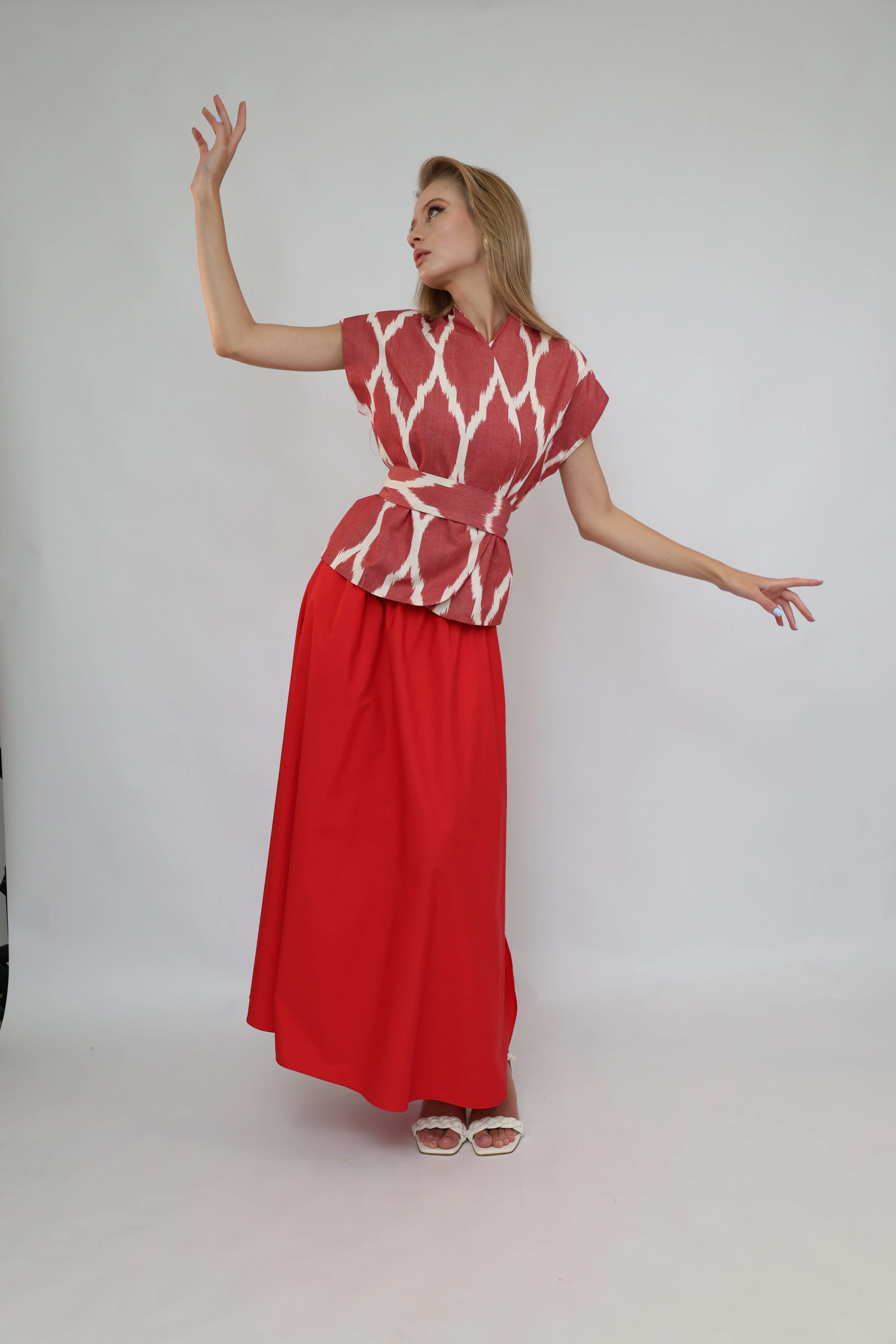 100% Cotton Red Ikat Blouse With Belt