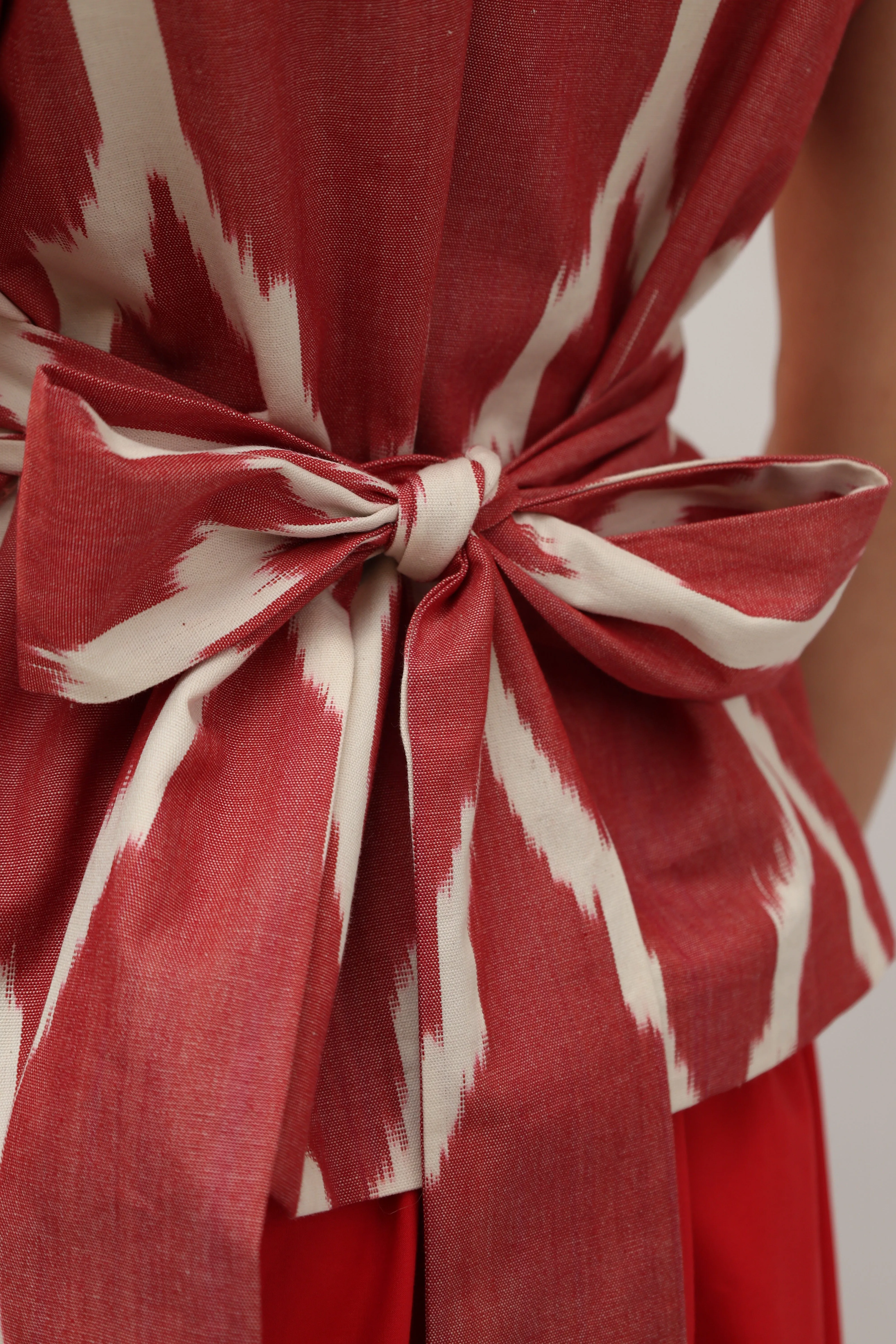 100% Cotton Red Ikat Blouse With Belt
