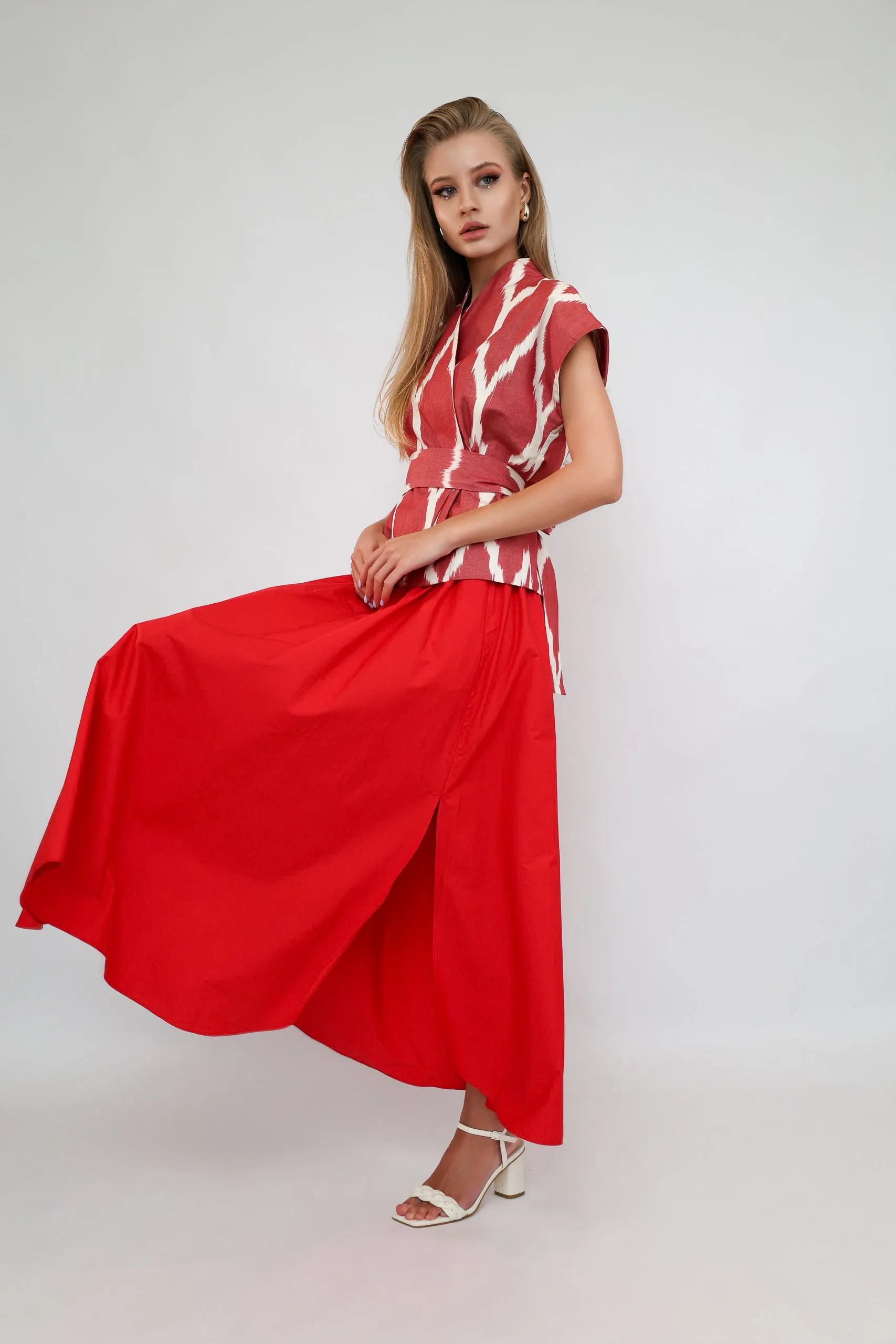 100% Cotton Red Ikat Blouse With Belt