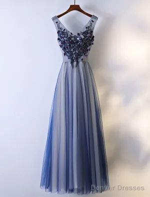 A-Line Bridesmaid Dress V Neck Sleeveless Elegant Floor Length Tulle With Beading / Appliques