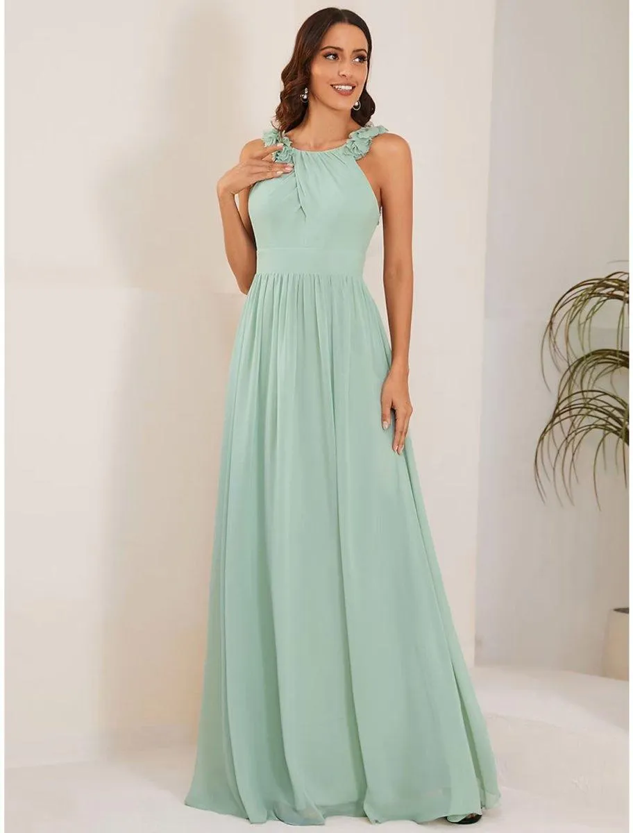 A-Line Wedding Guest Dresses Elegant Dress Formal Floor Length Sleeveless Jewel Neck Chiffon with Pleats Shouder Flower