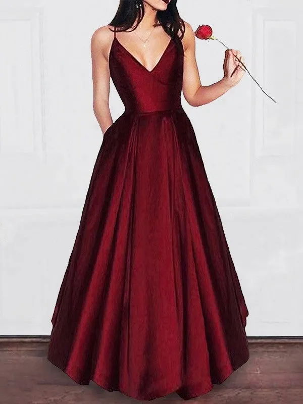 A-Line/Elegant V-neck Floor-Length Ruffles Satin Prom Dresses