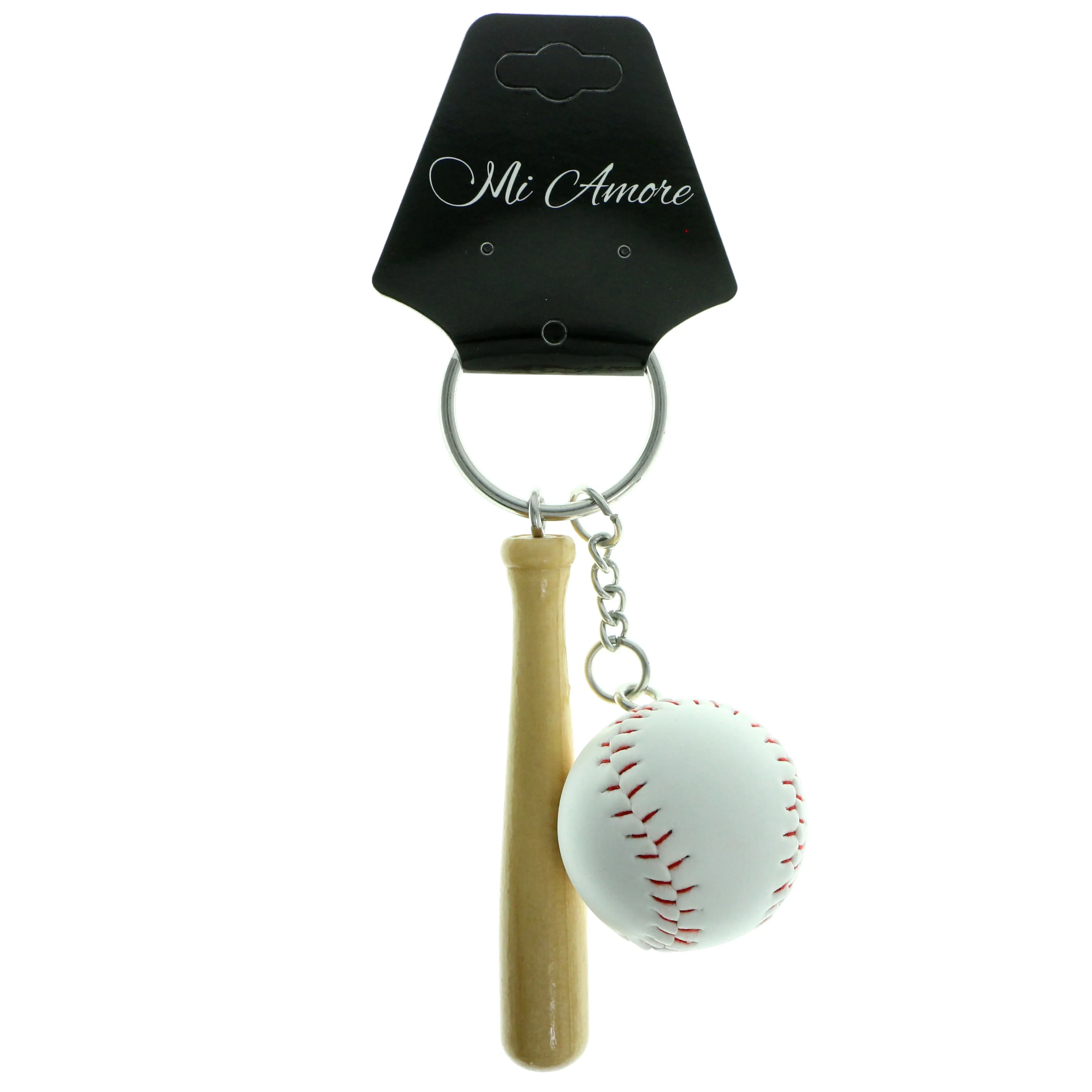 Baseball Bat Split-Ring-Keychain With Drop Accents Brown & White Colored #177