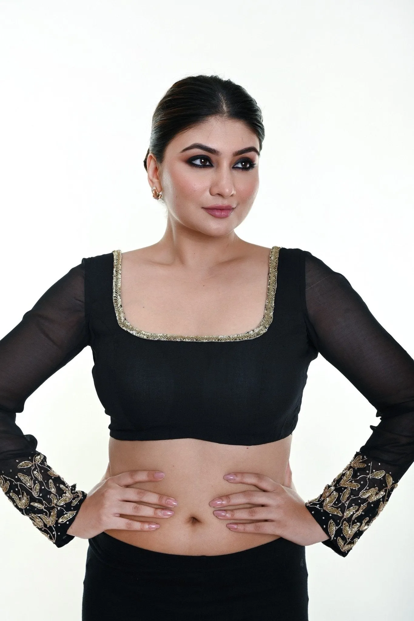 Black Full Sleeves Blouse with Hand Embroidered Stonework in Georgette with Square Neckline