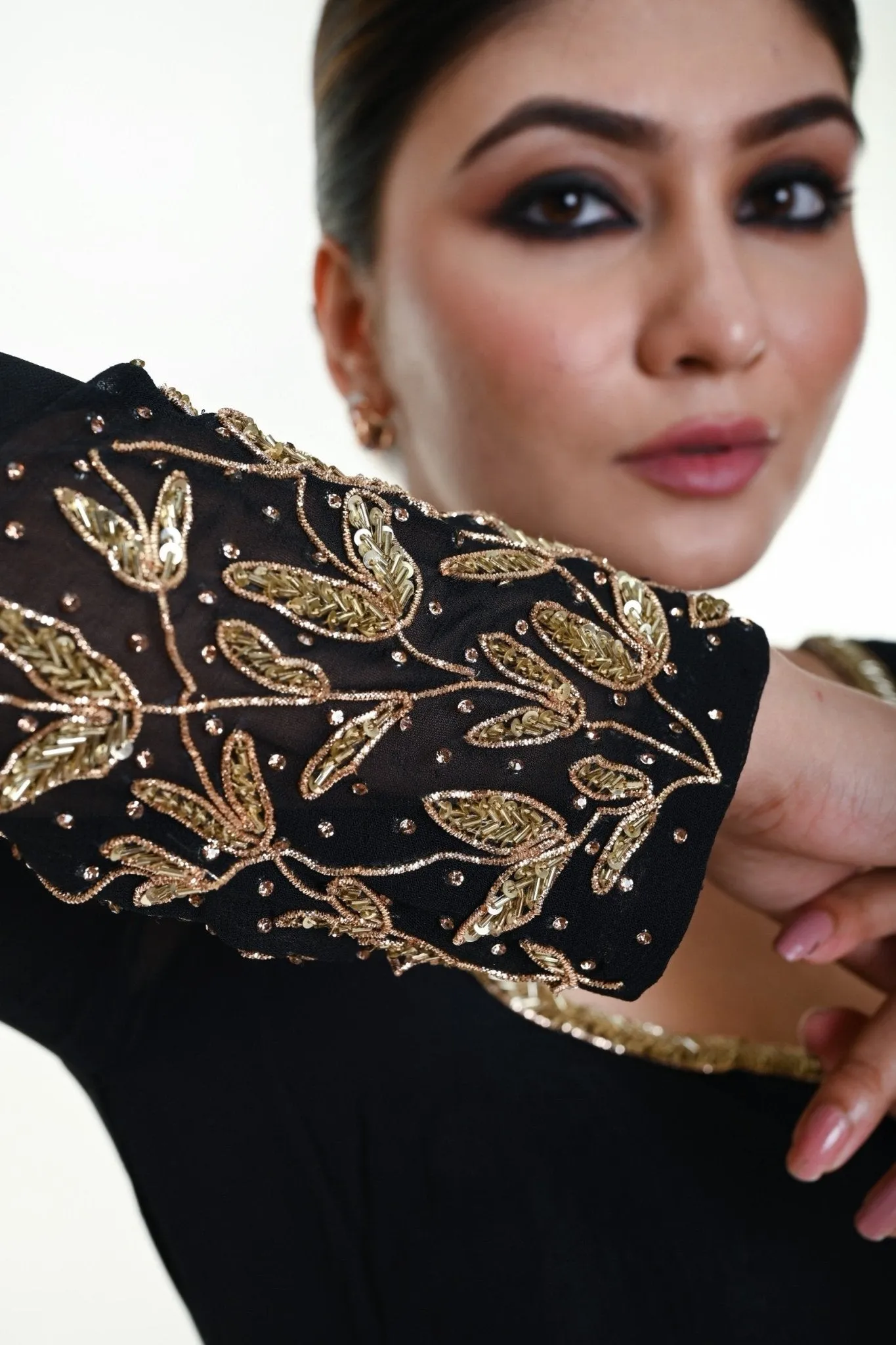 Black Full Sleeves Blouse with Hand Embroidered Stonework in Georgette with Square Neckline