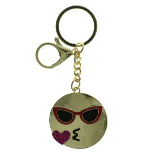 Blowing Kiss Emoji-Keychain With Crystal Accents Gold-Tone & Pink Colored #274
