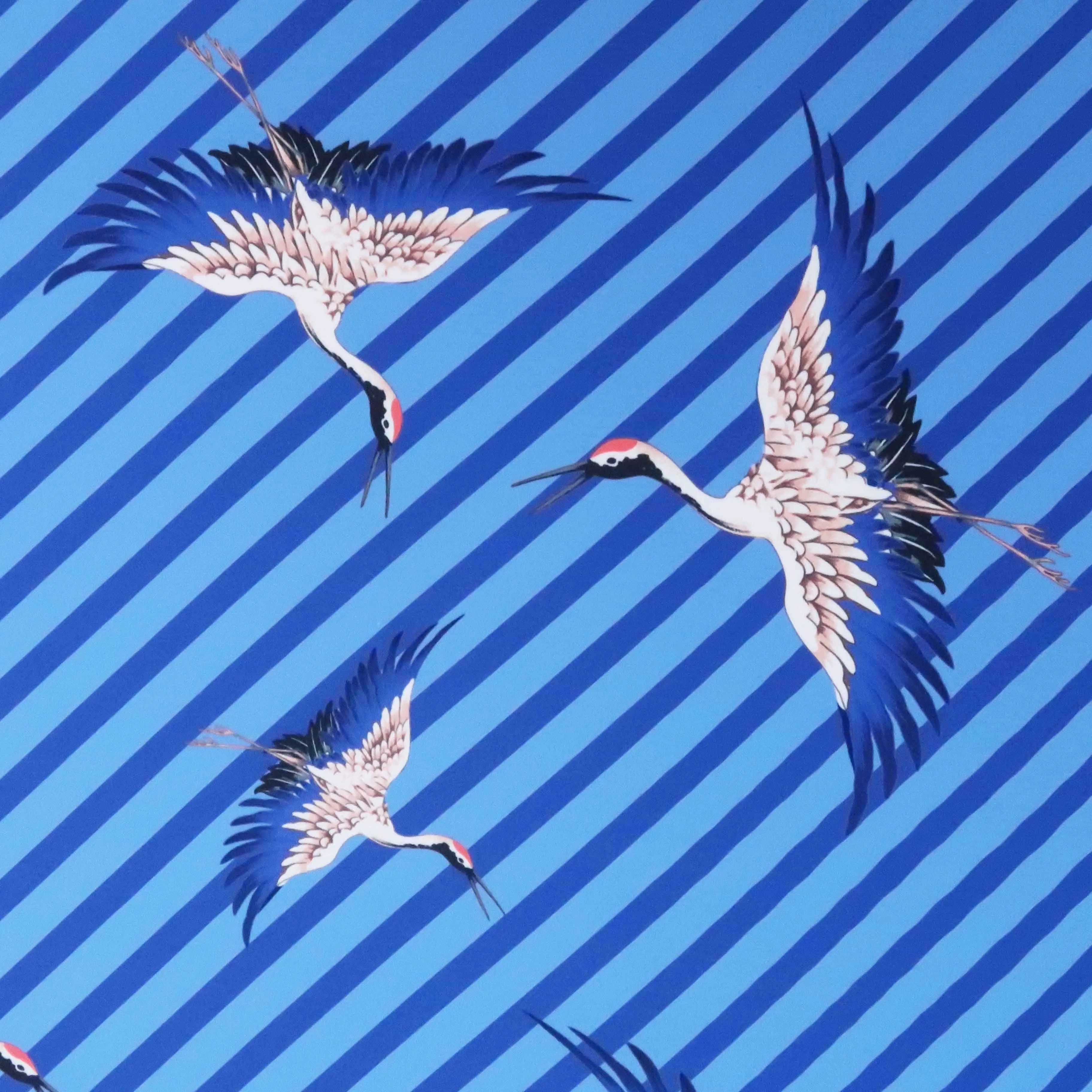 Blue and White with Stripes Birds Crepe Printed Polyester