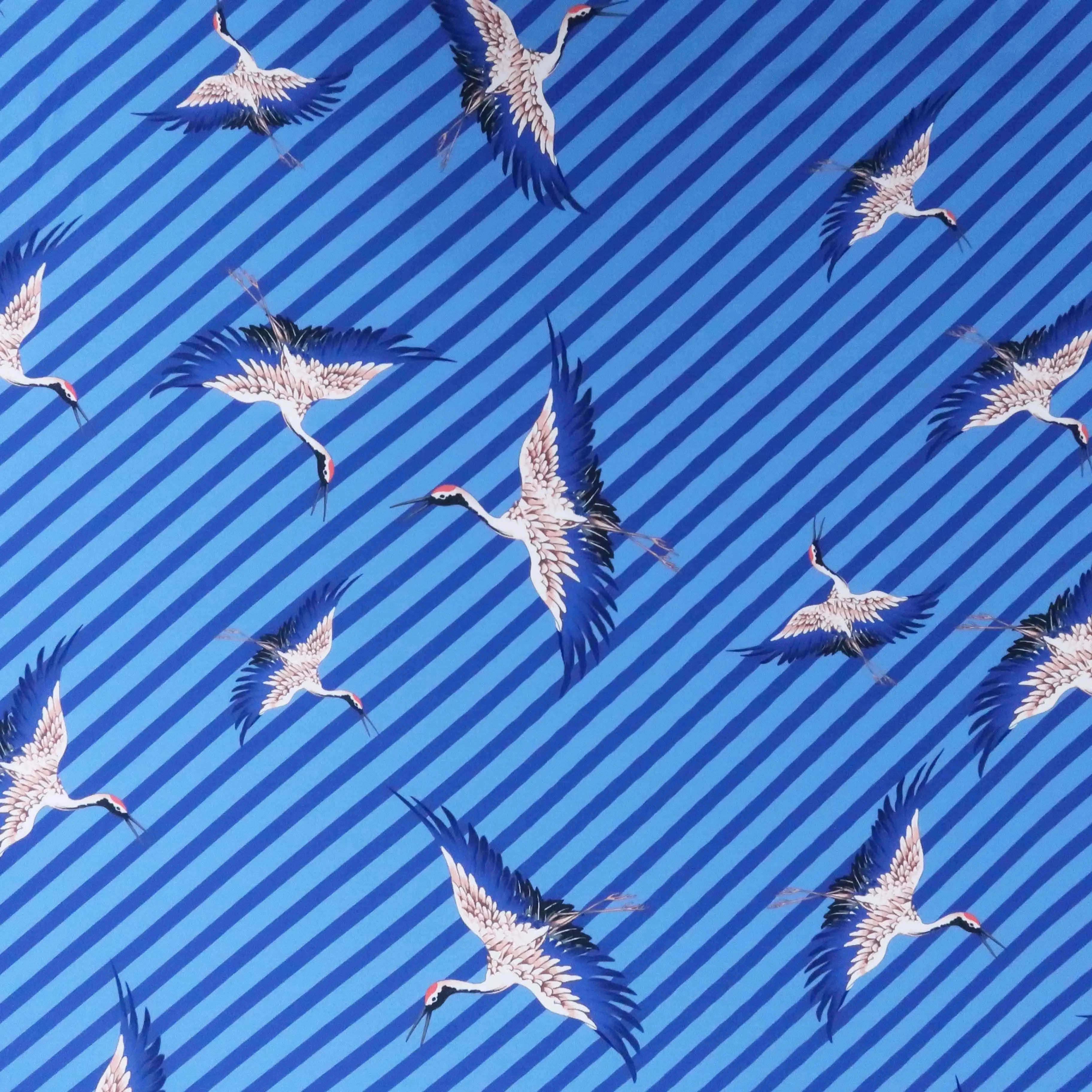 Blue and White with Stripes Birds Crepe Printed Polyester