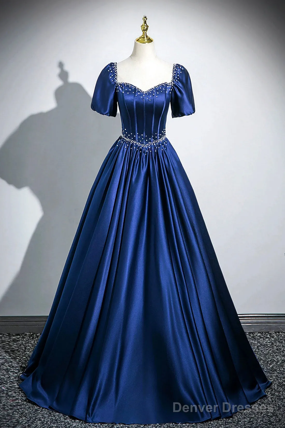 Blue Satin Long A-Line Prom Dress With Pearls, Elegant Short Sleeve Evening Party Dress