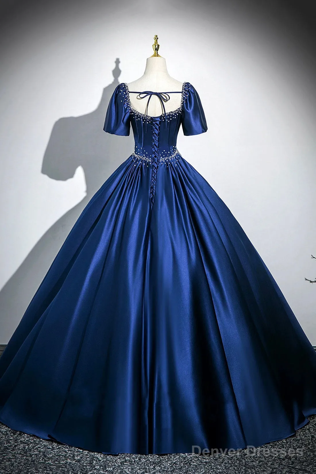 Blue Satin Long A-Line Prom Dress With Pearls, Elegant Short Sleeve Evening Party Dress