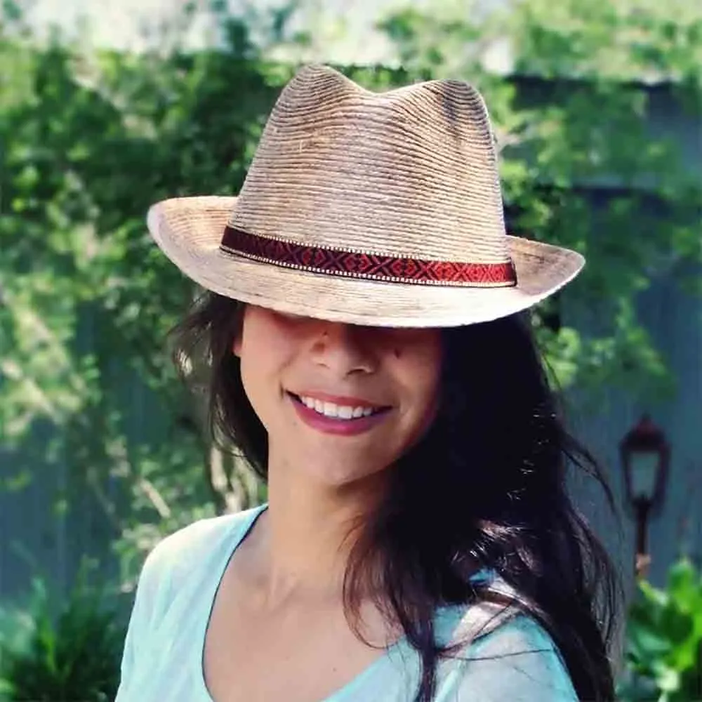 Burnt Palm Leaf Fedora Hat with Tribal Band- Tula Hats