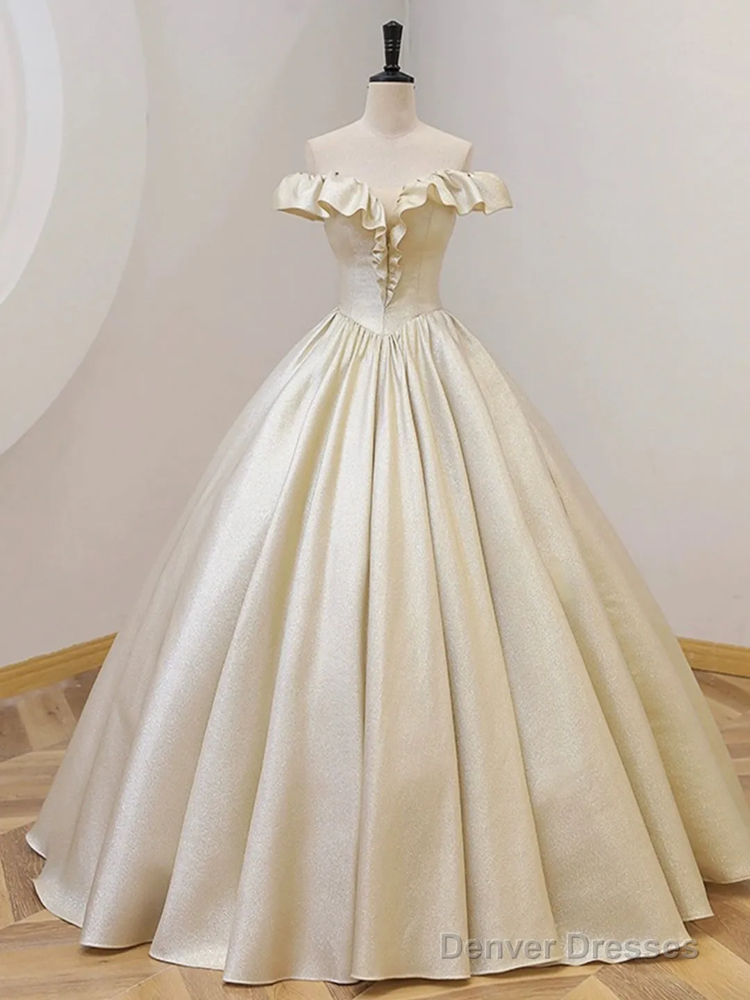 Champagne Off The Shoulder Floor Length Prom Dress, Elegant A-Line Evening Party Dress