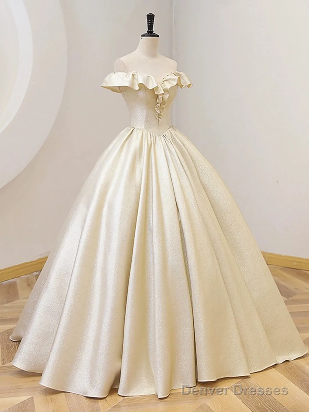 Champagne Off The Shoulder Floor Length Prom Dress, Elegant A-Line Evening Party Dress