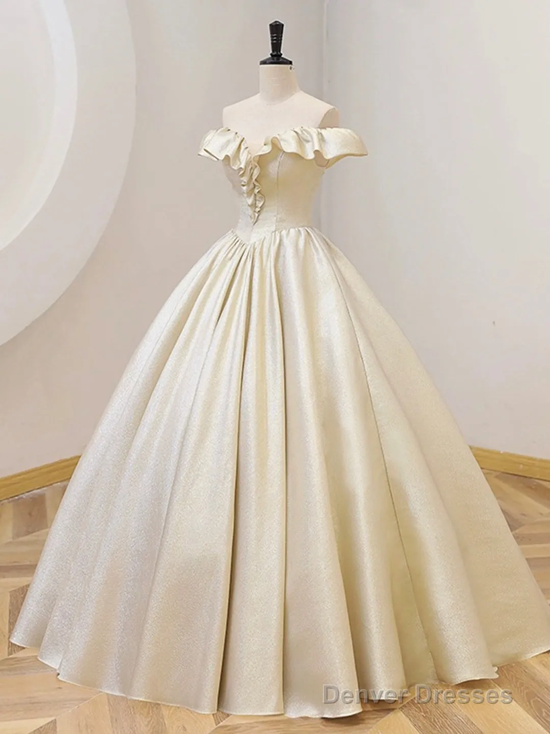 Champagne Off The Shoulder Floor Length Prom Dress, Elegant A-Line Evening Party Dress