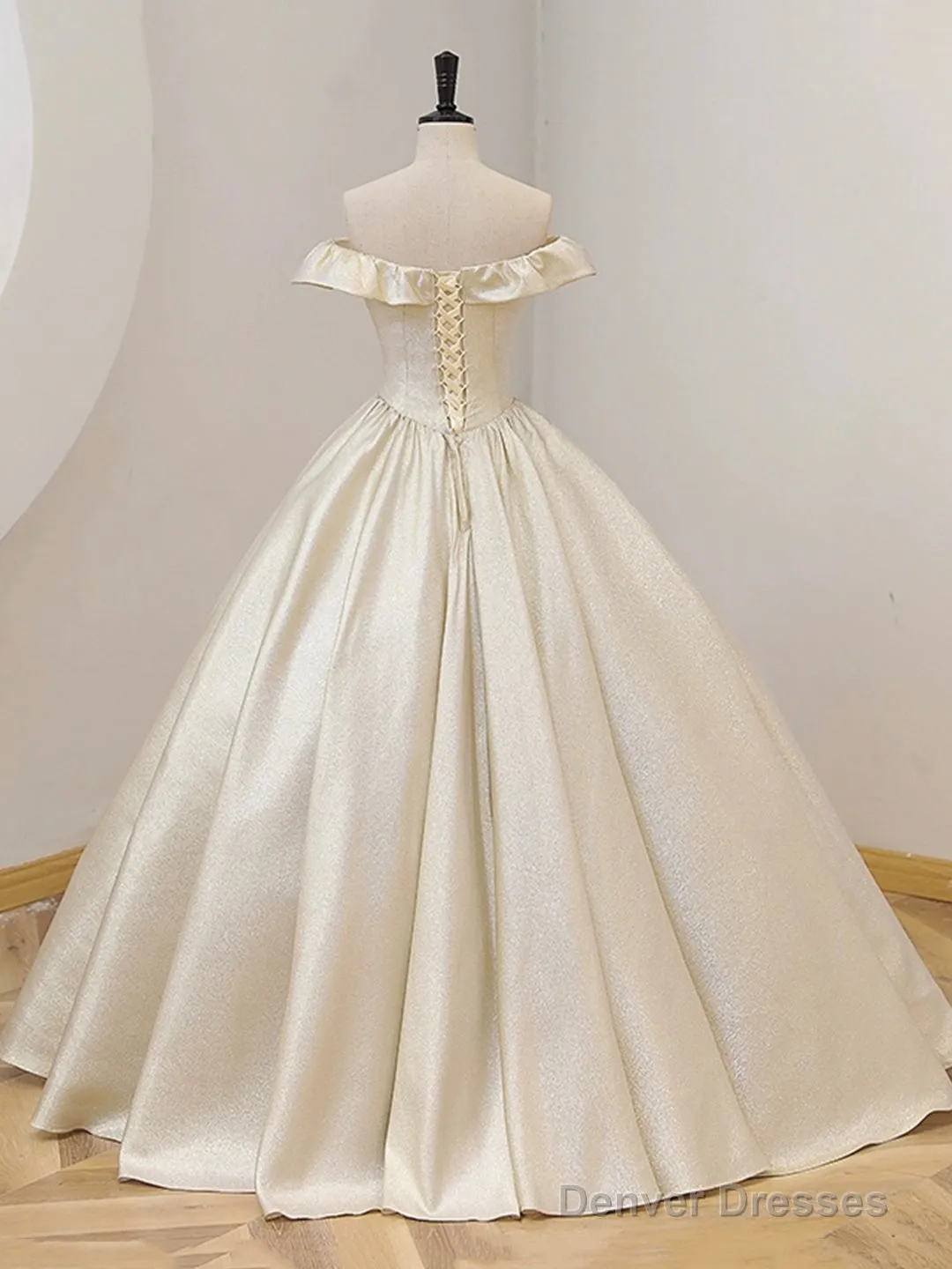 Champagne Off The Shoulder Floor Length Prom Dress, Elegant A-Line Evening Party Dress