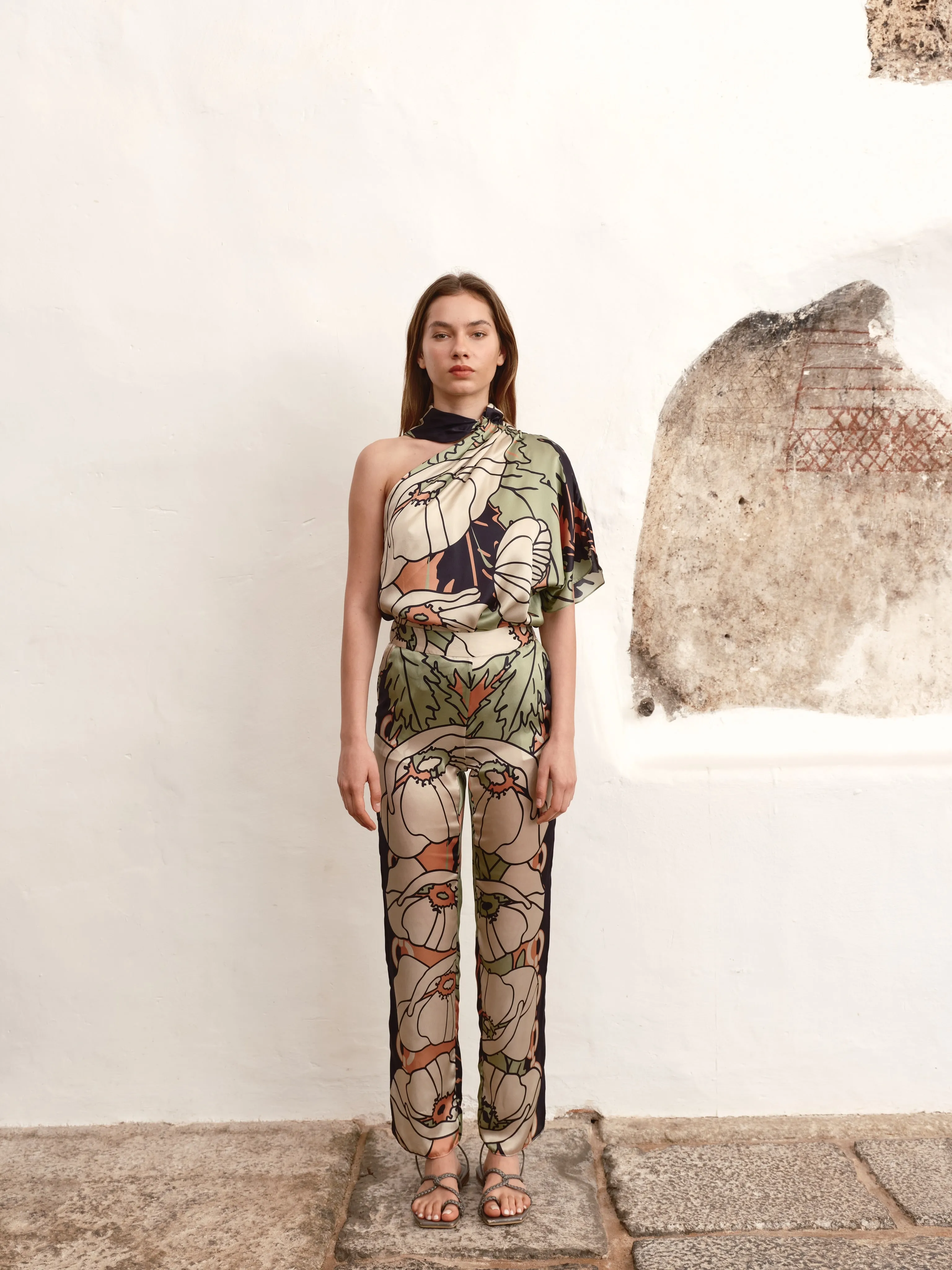 Chiminango Satin Silk Blouse / Sage Gladiolos Garden