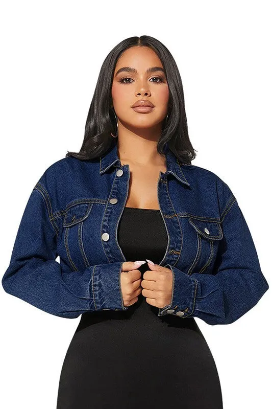 Cropped Hobo Long Sleeve Navy Denim Jacket