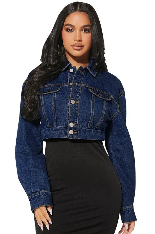 Cropped Hobo Long Sleeve Navy Denim Jacket