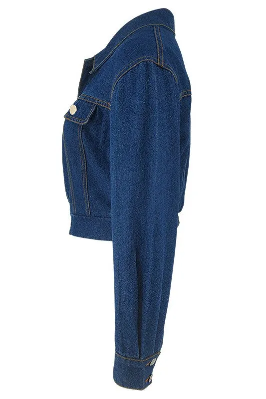 Cropped Hobo Long Sleeve Navy Denim Jacket