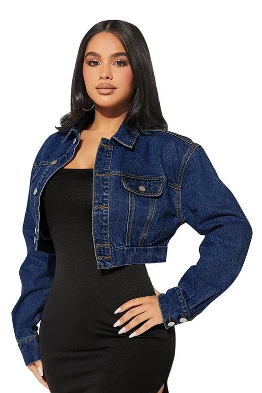 Cropped Hobo Long Sleeve Navy Denim Jacket