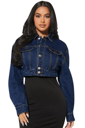 Cropped Hobo Long Sleeve Navy Denim Jacket