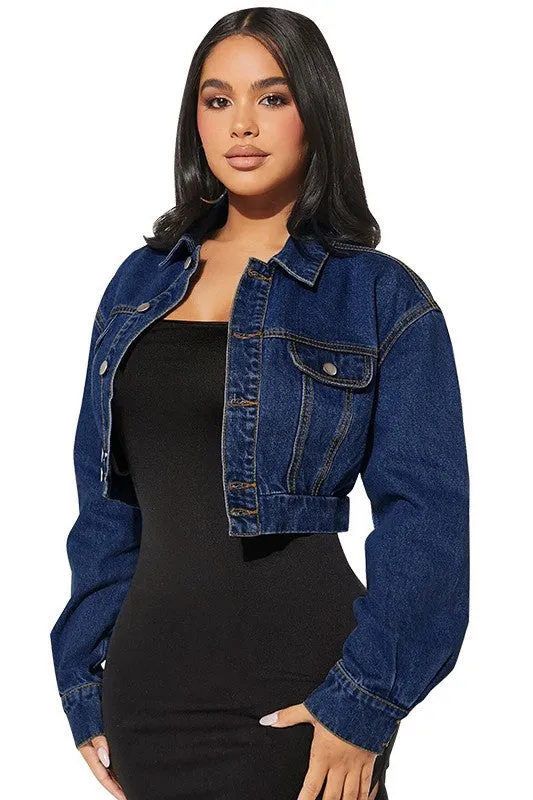 Cropped Hobo Long Sleeve Navy Denim Jacket