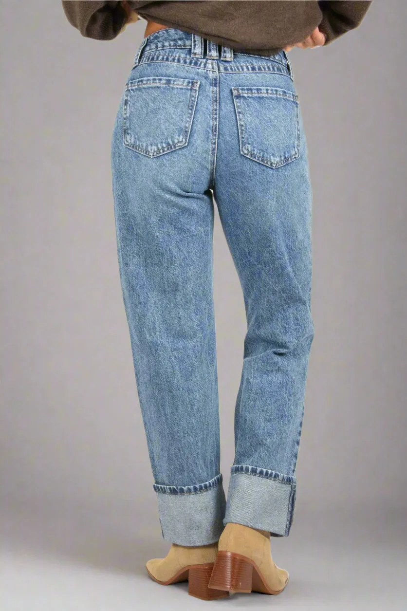 Cuffed Straight Ankle Jeans - Vintage Blue Black