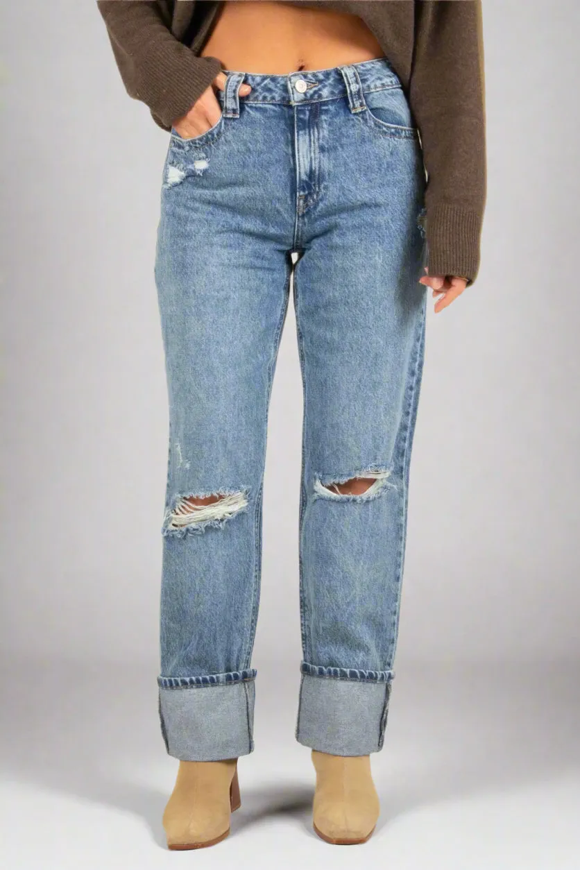 Cuffed Straight Ankle Jeans - Vintage Blue Black