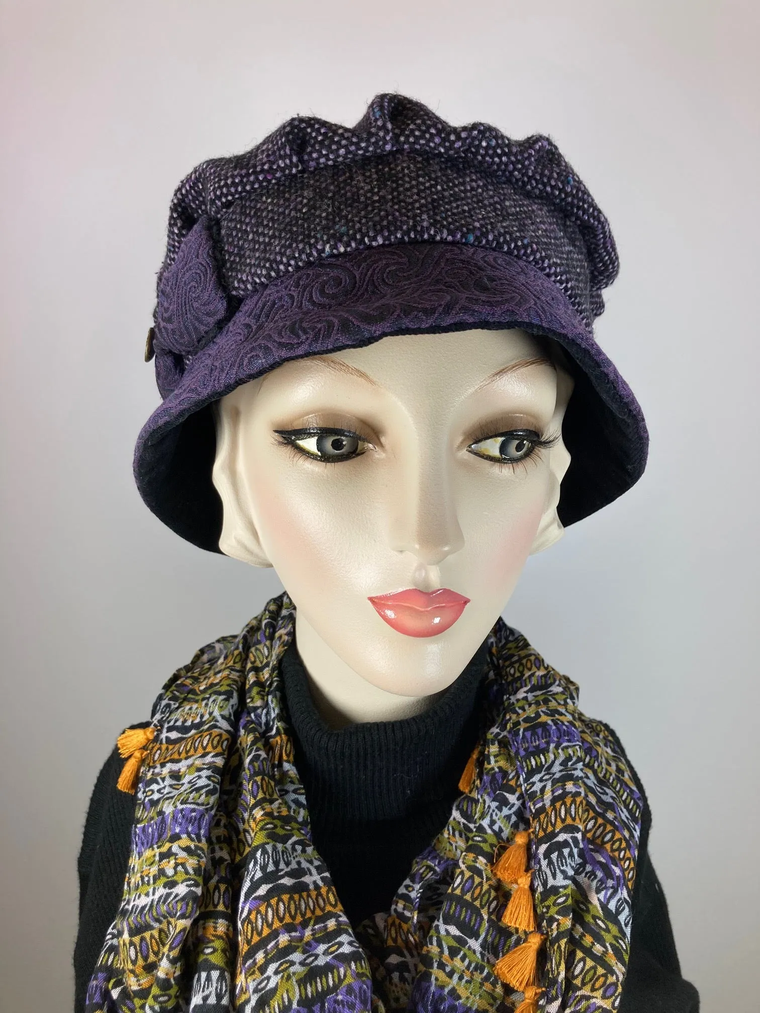 Downton Abbey Hat. Shabby chic Purple black Cloche Hat. Stylish fabric Winter bucket hat. Womens Travel Hat. Great Gatsby Hat.