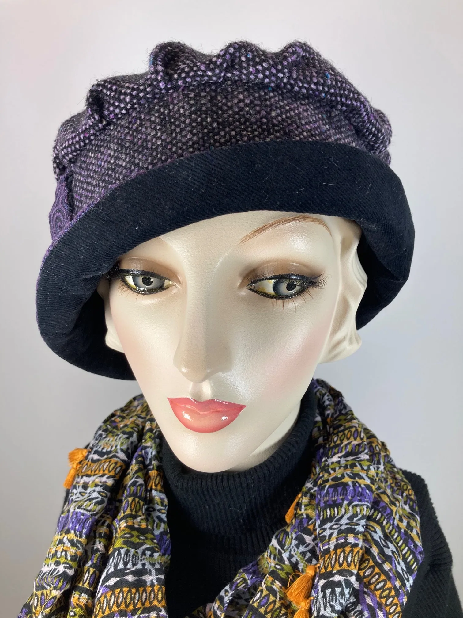 Downton Abbey Hat. Shabby chic Purple black Cloche Hat. Stylish fabric Winter bucket hat. Womens Travel Hat. Great Gatsby Hat.