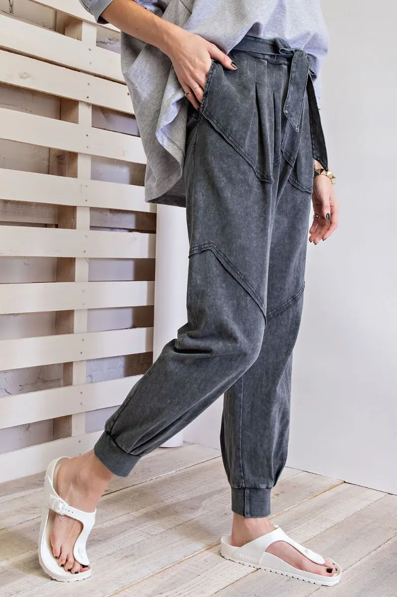 Easel Washed Terry Knit Front Tie Waist Jogger Pants by Sensual Fashion Boutique