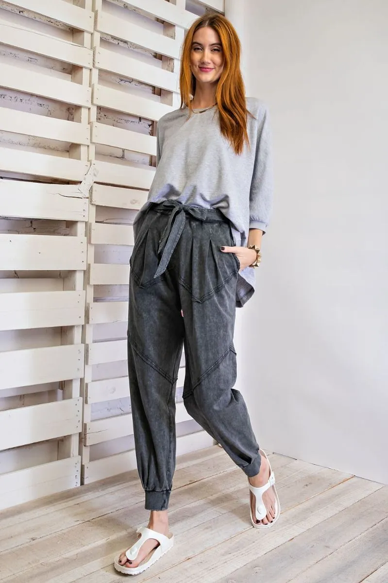 Easel Washed Terry Knit Front Tie Waist Jogger Pants by Sensual Fashion Boutique