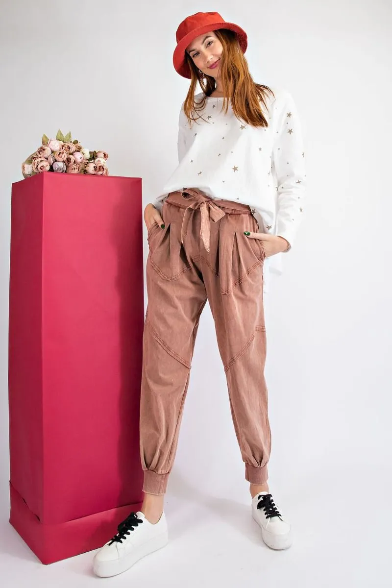 Easel Washed Terry Knit Front Tie Waist Jogger Pants by Sensual Fashion Boutique