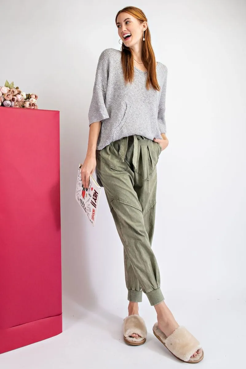 Easel Washed Terry Knit Front Tie Waist Jogger Pants by Sensual Fashion Boutique