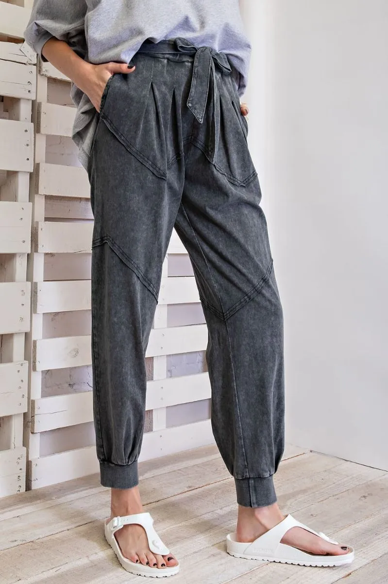 Easel Washed Terry Knit Front Tie Waist Jogger Pants by Sensual Fashion Boutique