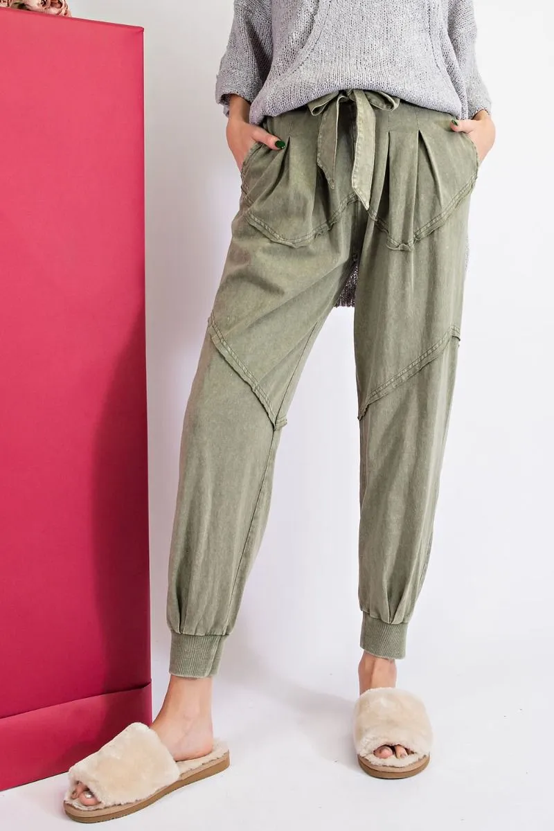 Easel Washed Terry Knit Front Tie Waist Jogger Pants by Sensual Fashion Boutique