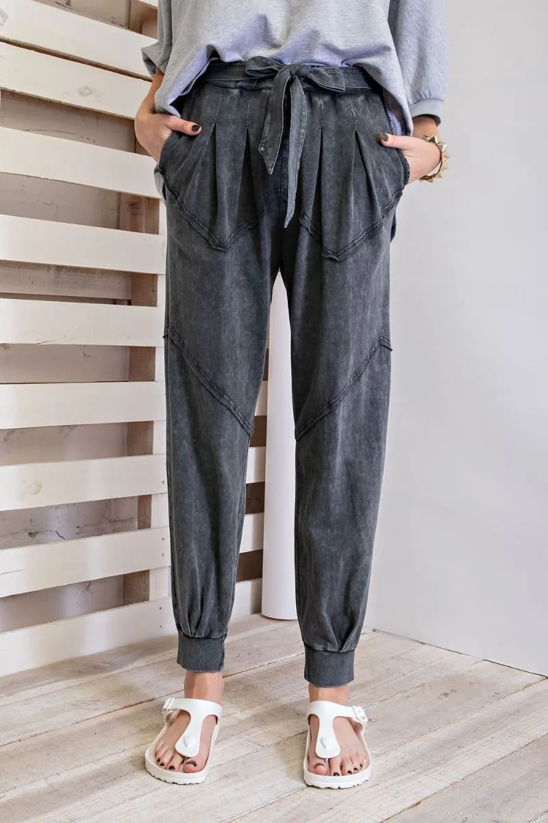 Easel Washed Terry Knit Front Tie Waist Jogger Pants by Sensual Fashion Boutique