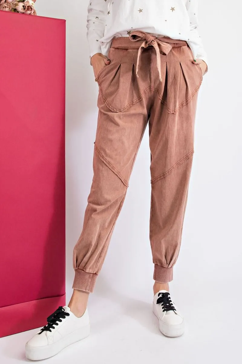Easel Washed Terry Knit Front Tie Waist Jogger Pants by Sensual Fashion Boutique